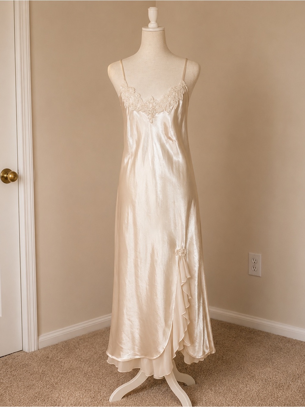 Vintage Cream Satin Chemise with Lace Detail